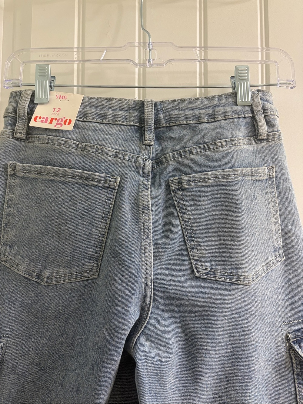 YMI Girl Light Wash Blue Denim Wide-Leg Barrel Cargo Jeans Sz Y12 - Picture 5 of 8